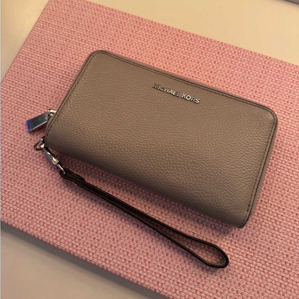 Michael Kors Grey Pebbled Leather Zip Wristlet Wallet